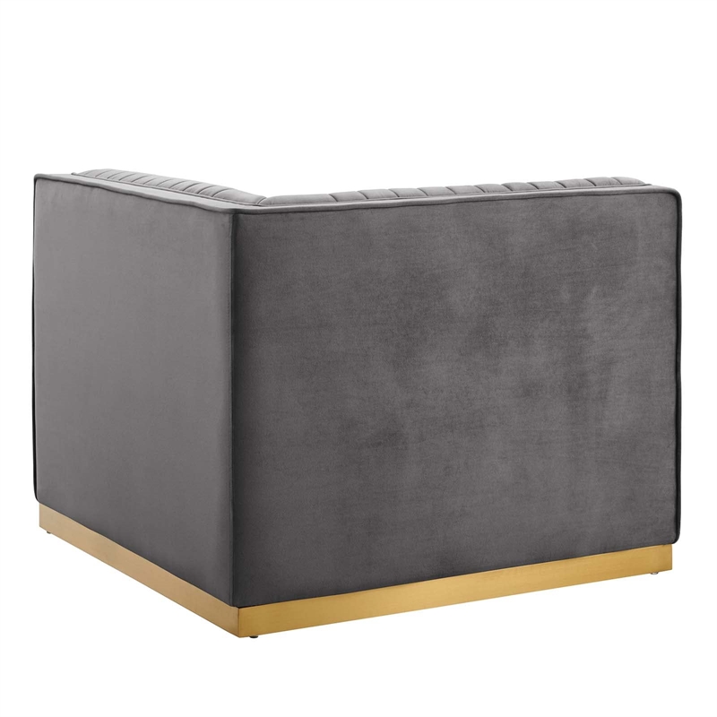 Maklaine Velvet and Stainless Steel Right Corner Chair in Gray