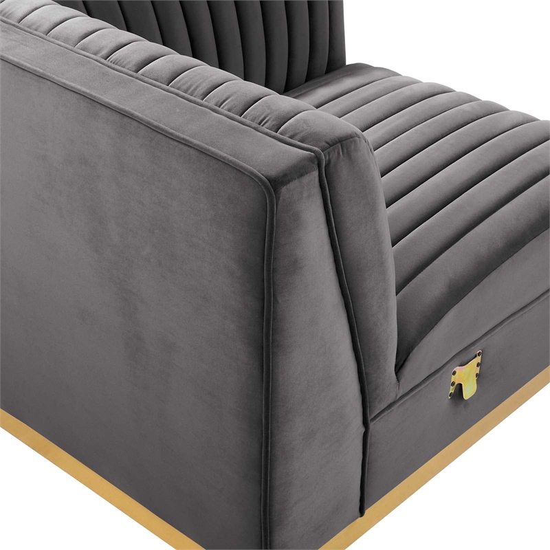 Maklaine Velvet and Stainless Steel Right Corner Chair in Gray
