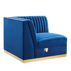 Maklaine Velvet and Stainless Steel Right Corner Chair in Navy Blue