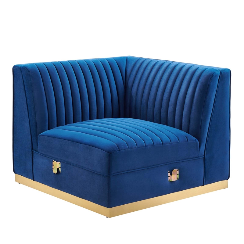 Maklaine Velvet and Stainless Steel Right Corner Chair in Navy Blue