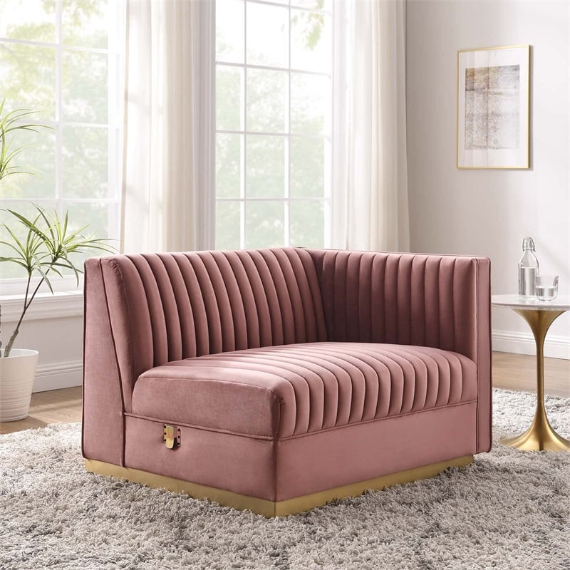 Maklaine Velvet and Stainless Steel Right-Arm Chair in Dusty Rose