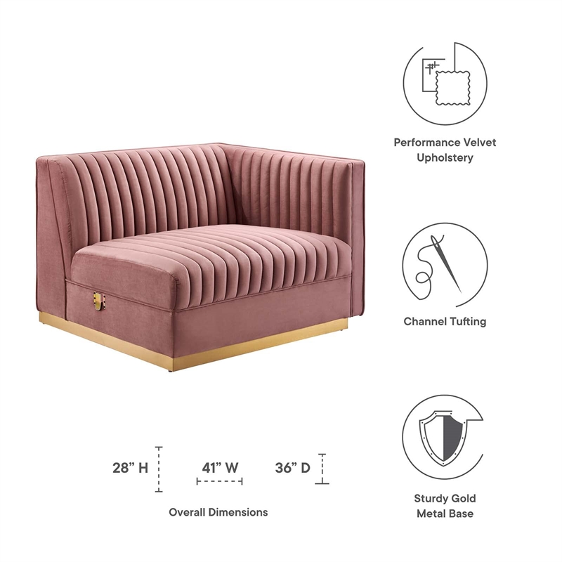 Maklaine Velvet and Stainless Steel Right-Arm Chair in Dusty Rose