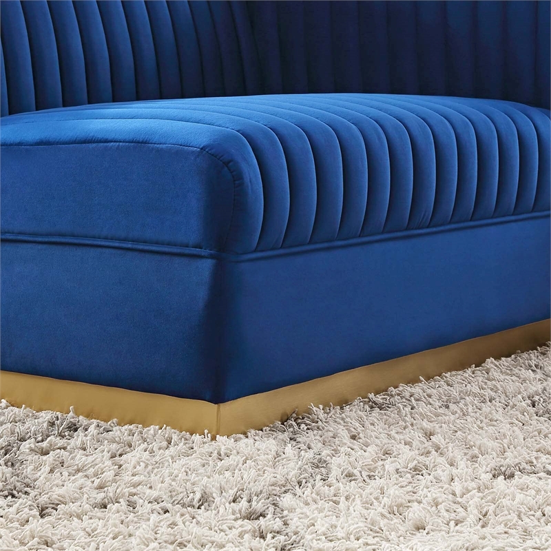 Maklaine Velvet and Stainless Steel Right-Arm Chair in Navy Blue