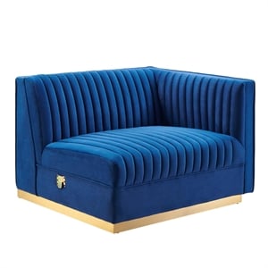 Maklaine Velvet and Stainless Steel Right-Arm Chair in Navy Blue