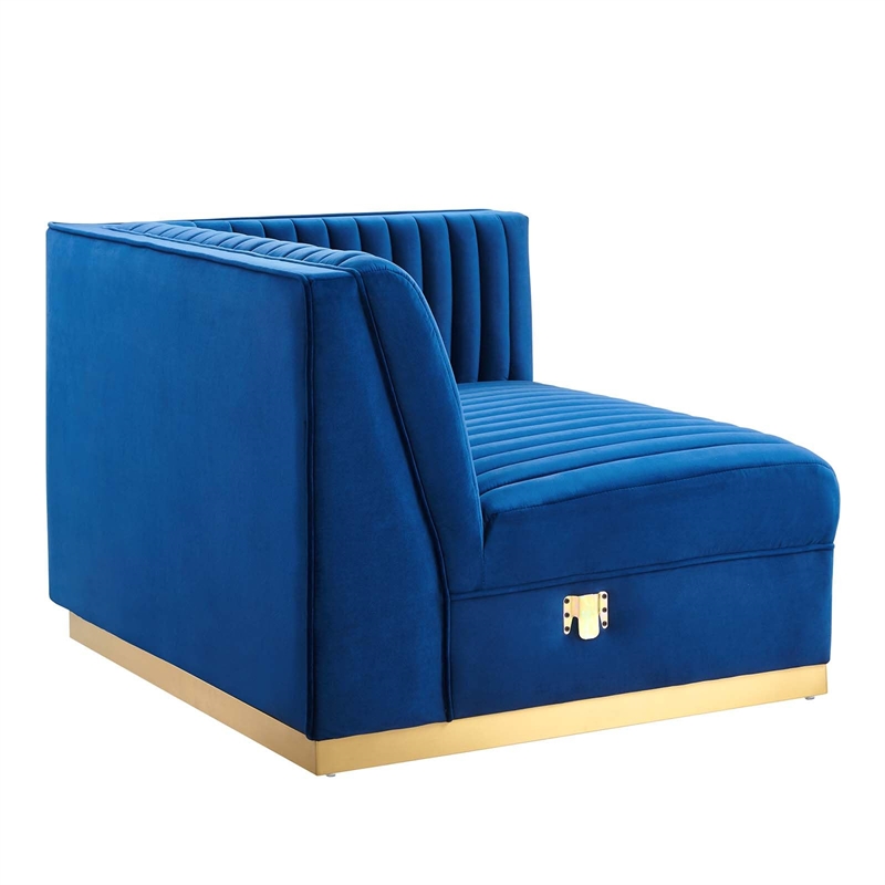 Maklaine Velvet and Stainless Steel Right-Arm Chair in Navy Blue