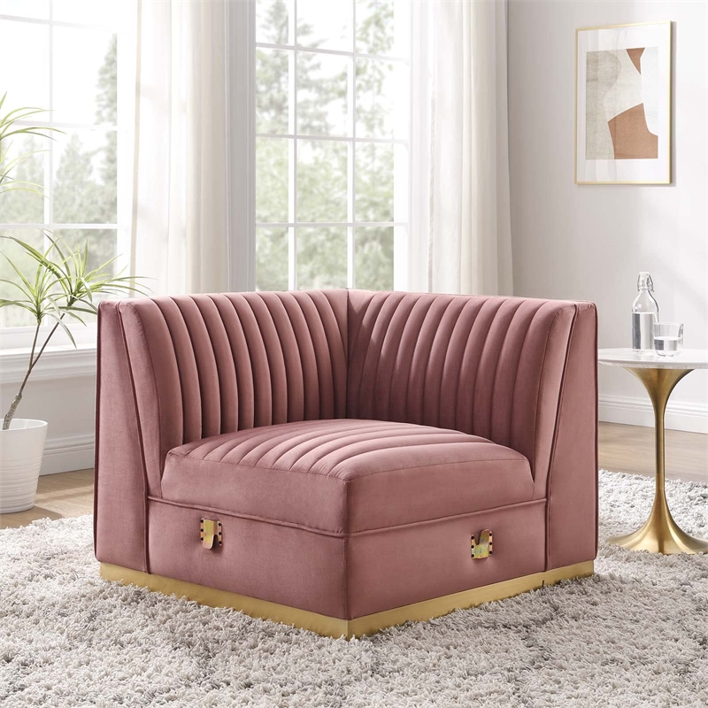Maklaine Velvet and Stainless Steel Left Corner Chair in Dusty Rose