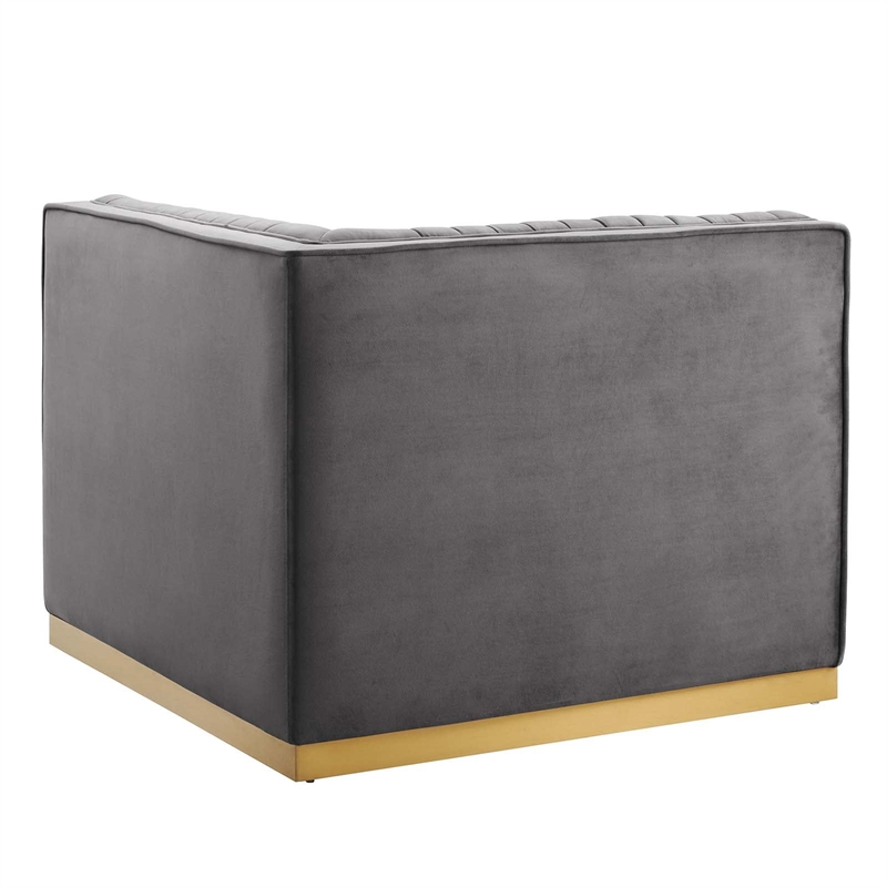 Maklaine Velvet and Stainless Steel Left Corner Chair in Gray