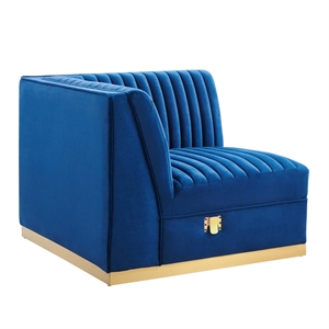 Maklaine Velvet and Stainless Steel Left Corner Chair in Navy Blue