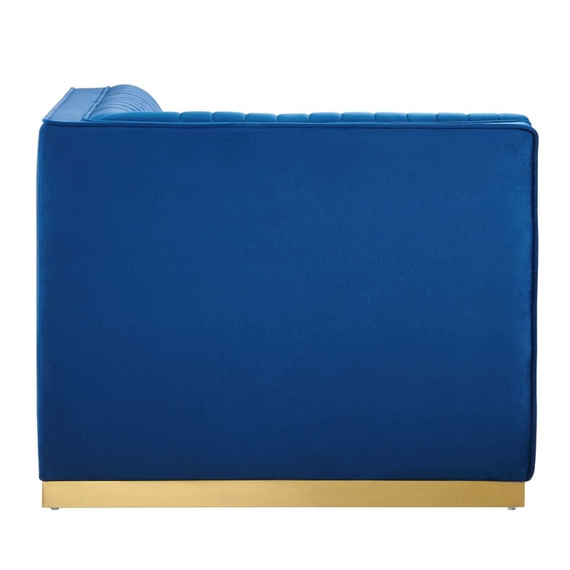 Maklaine Velvet and Stainless Steel Left Corner Chair in Navy Blue