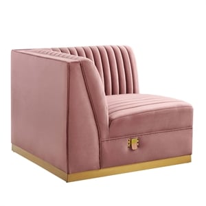Maklaine Velvet and Stainless Steel Right Corner Chair in Dusty Rose