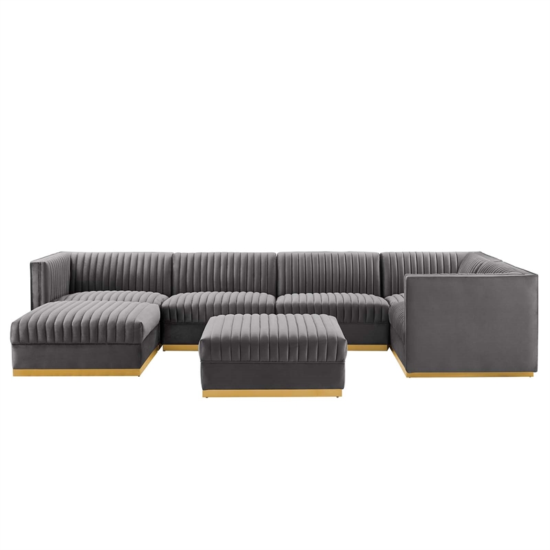 Maklaine 7-Piece Velvet Right-Facing Modular Sectional Sofa in Gray