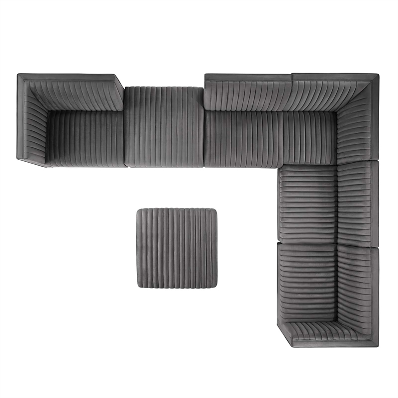 Maklaine 7-Piece Velvet Right-Facing Modular Sectional Sofa in Gray
