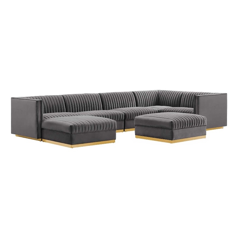 Maklaine 7-Piece Velvet Right-Facing Modular Sectional Sofa in Gray