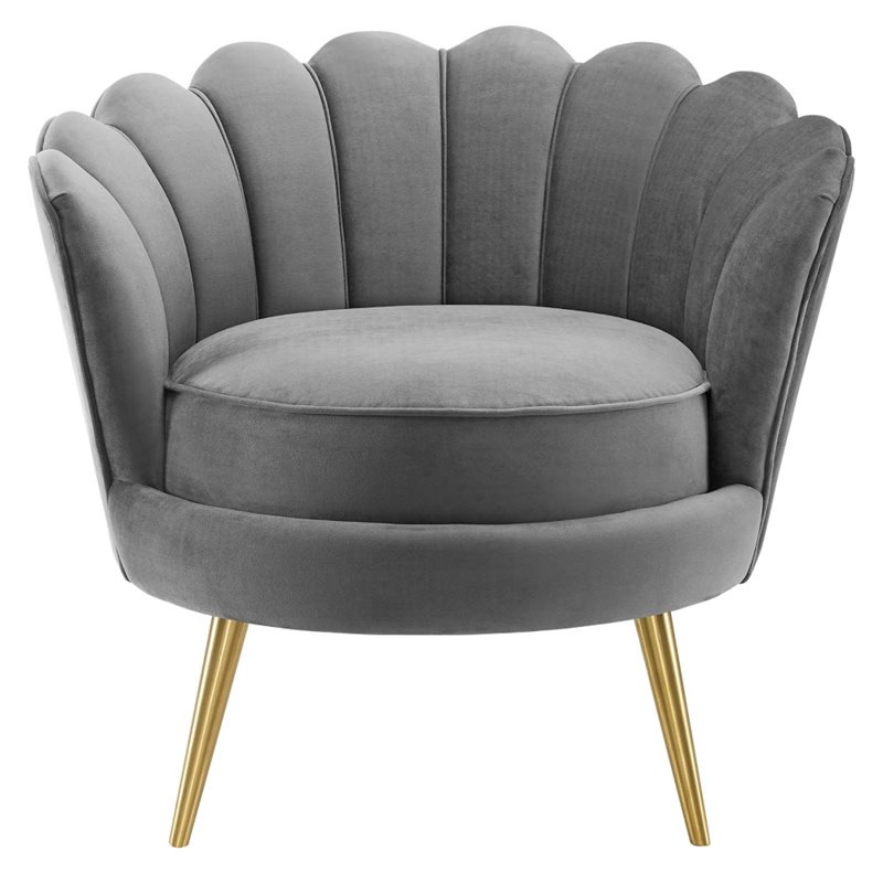 Maklaine Scalloped Edge Performance Velvet Accent Lounge Arm Chair in Gray