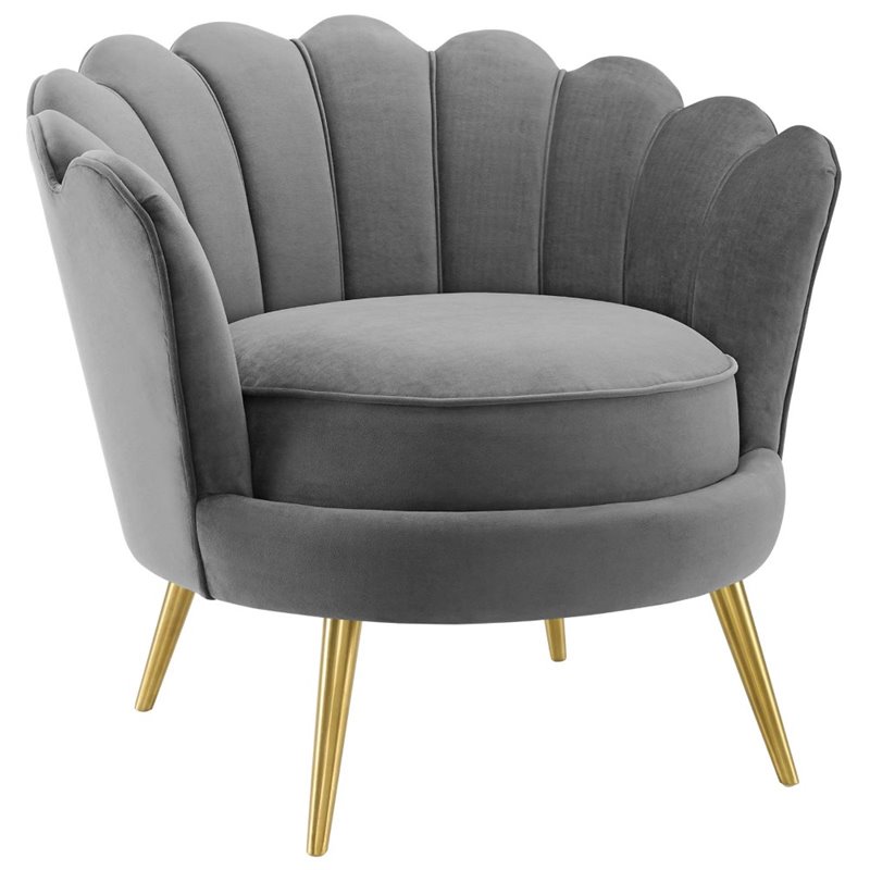 Maklaine Scalloped Edge Performance Velvet Accent Lounge Arm Chair in Gray