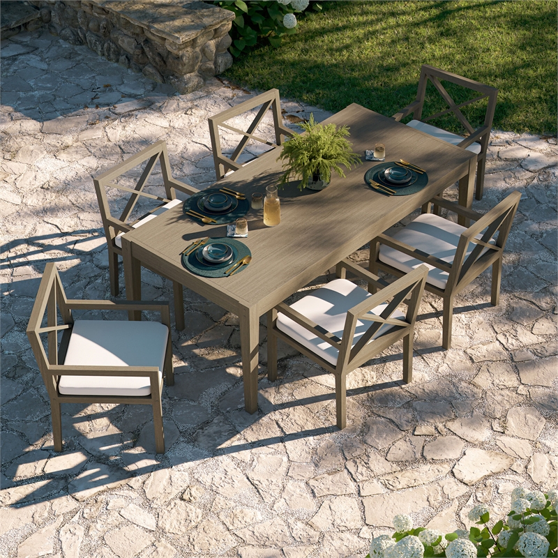 Maklaine 7-Piece Outdoor Patio Teak Wood Dining Set in Weathered Gray