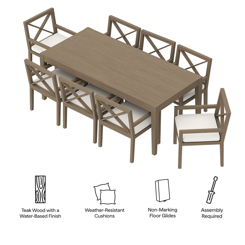 Maklaine 9-Piece Outdoor Patio Teak Wood Dining Set in Weathered Gray