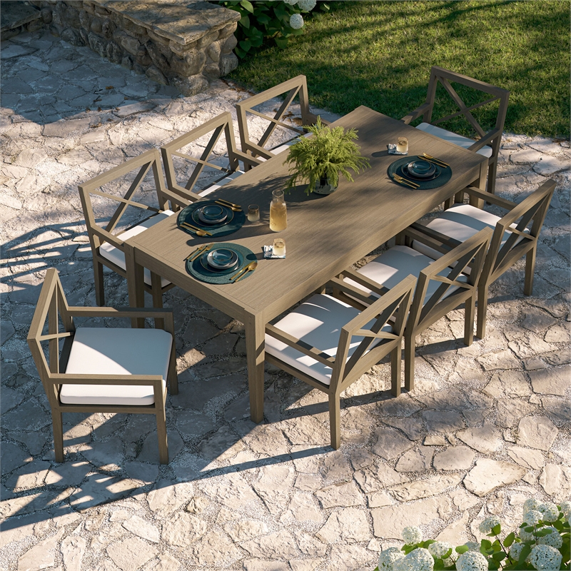 Maklaine 9-Piece Outdoor Patio Teak Wood Dining Set in Weathered Gray