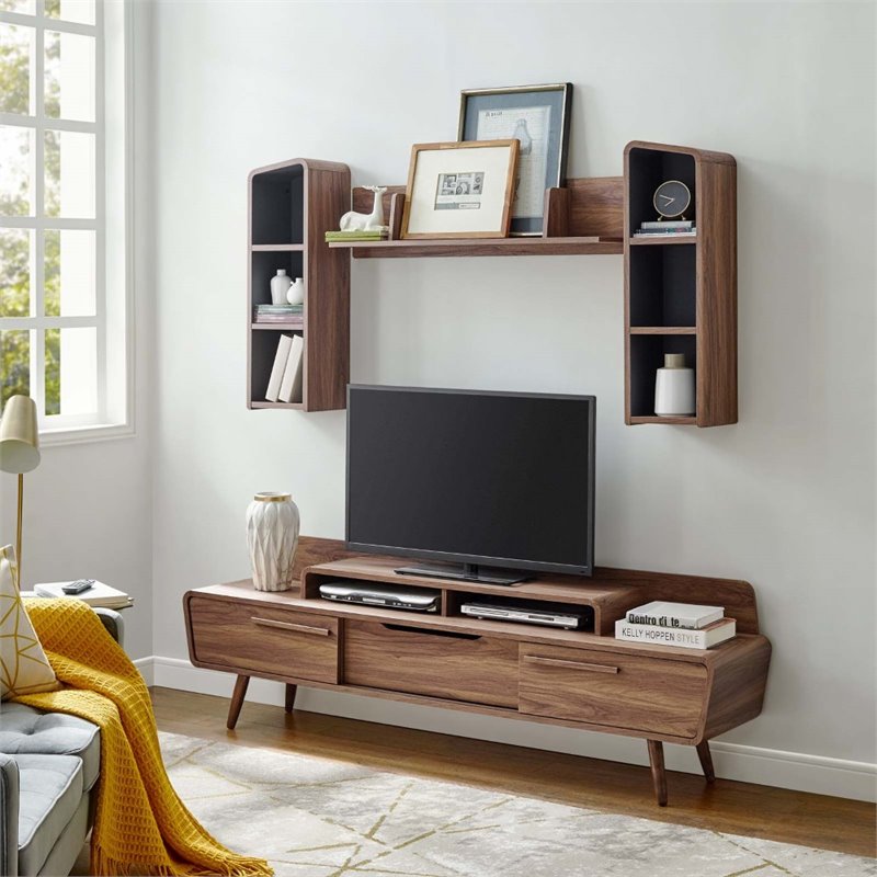 Maklaine Mid-Century 2 Piece Entertainment Center in Walnut and Gray