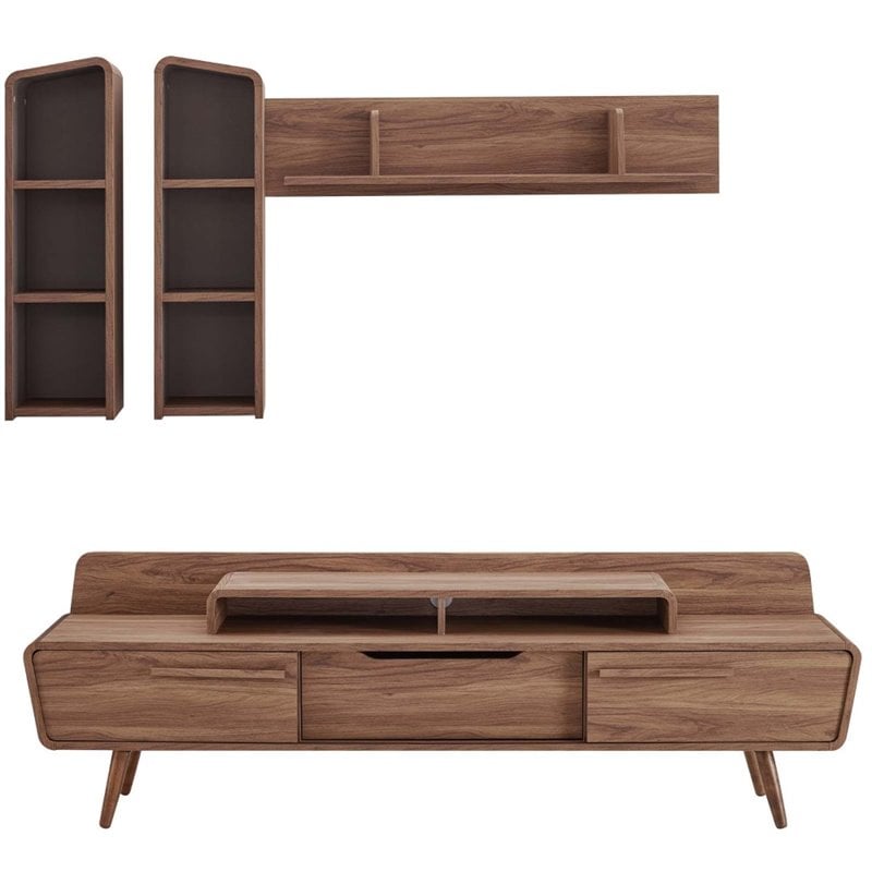 Maklaine Mid-Century 2 Piece Entertainment Center in Walnut and Gray