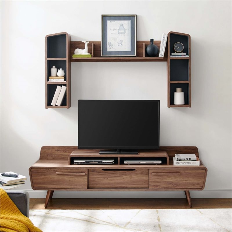 Maklaine Mid-Century 2 Piece Entertainment Center in Walnut and Gray