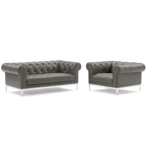 Maklaine Tufted Upholstered Leather Loveseat and Armchair in Gray