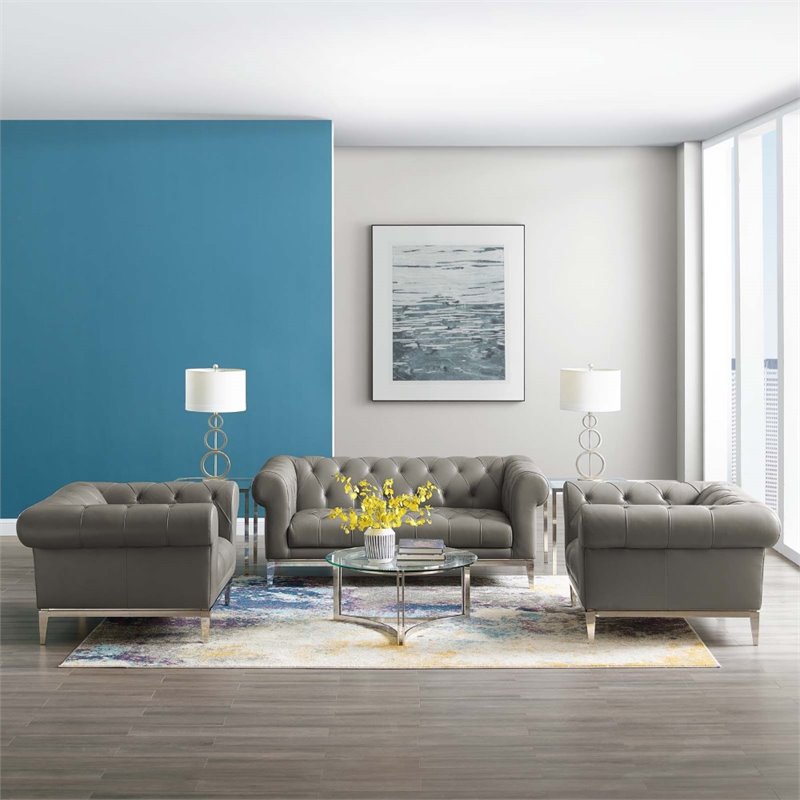Maklaine 3-Piece Tufted Leather Upholstered Loveseat Set in Gray
