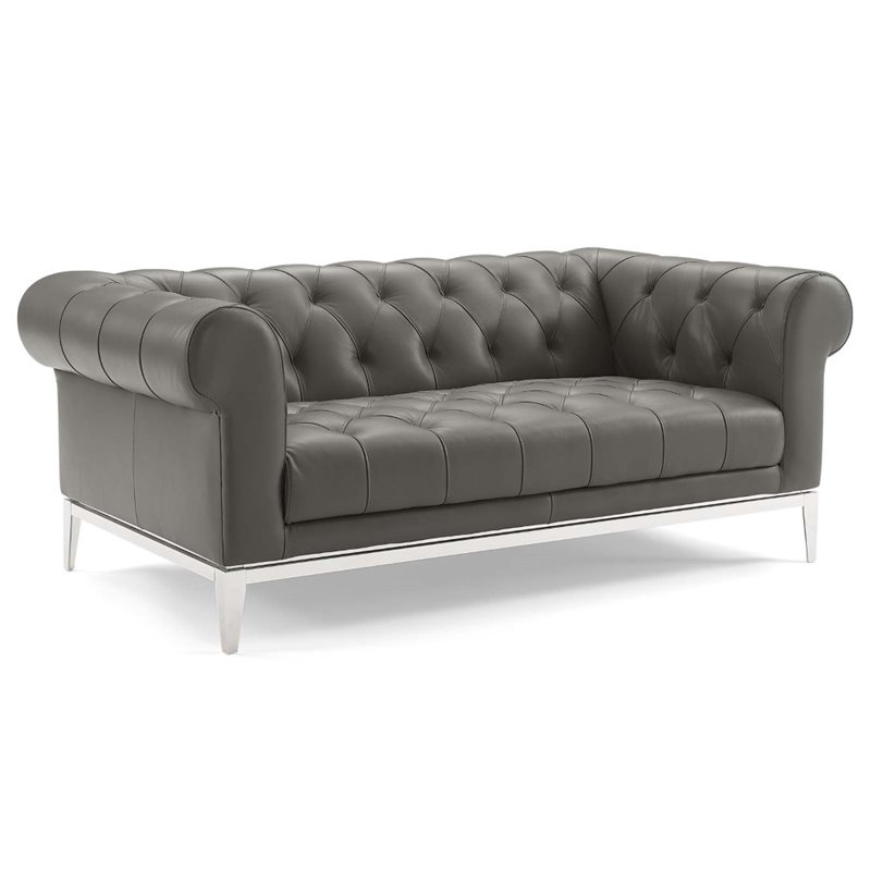Maklaine 3-Piece Tufted Leather Upholstered Loveseat Set in Gray