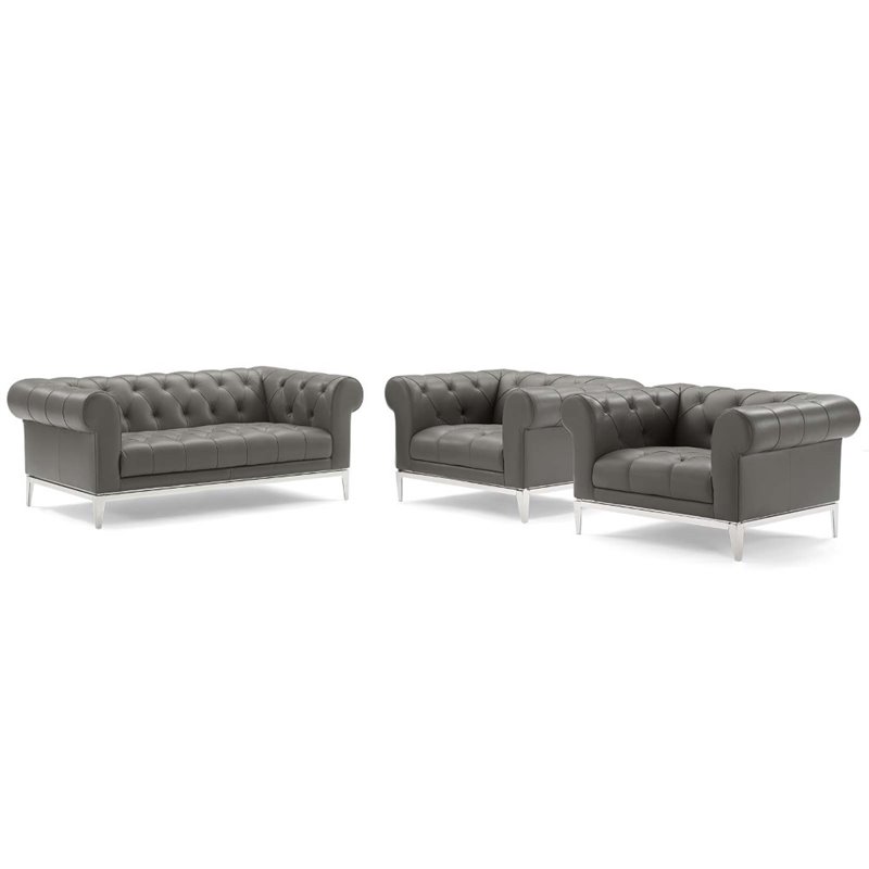 Maklaine 3-Piece Tufted Leather Upholstered Loveseat Set in Gray