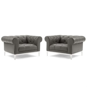 Maklaine Tufted Upholstered Leather Arm Chair in Gray (Set of 2)