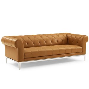 Maklaine Tufted Button Upholstered Leather Chesterfield Sofa in Tan