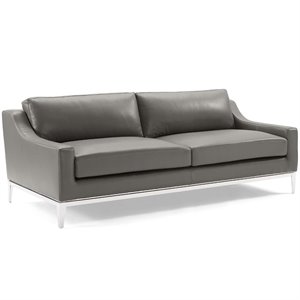 Maklaine 83.5&quot Modern Stainless Steel and Leather Sofa in Gray