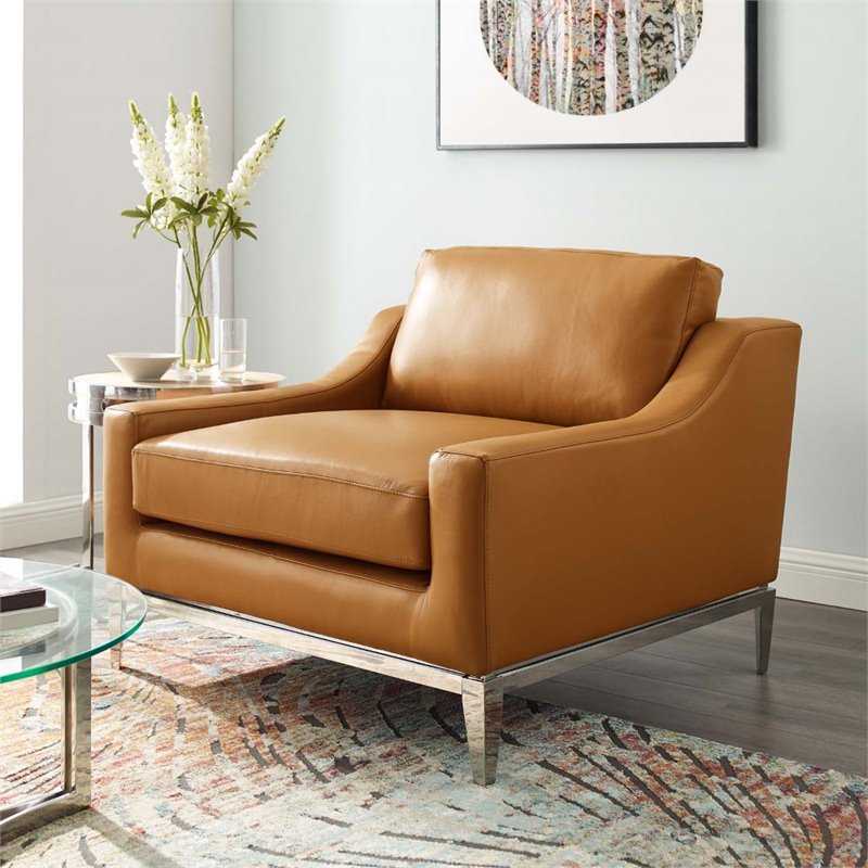 Maklaine Contemporary Stainless Steel and Leather Armchair in Tan