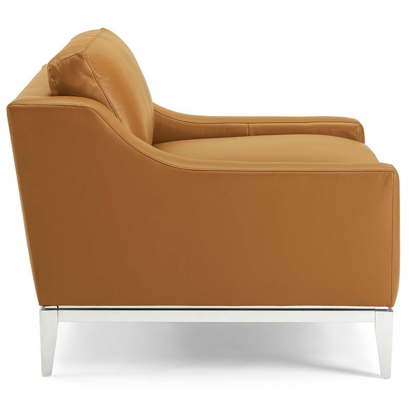 Maklaine Contemporary Stainless Steel and Leather Armchair in Tan