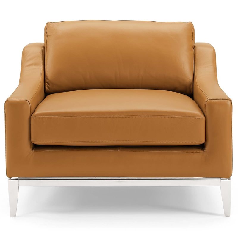 Maklaine Contemporary Stainless Steel and Leather Armchair in Tan