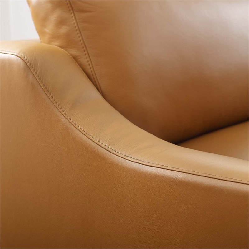 Maklaine Contemporary Stainless Steel and Leather Armchair in Tan