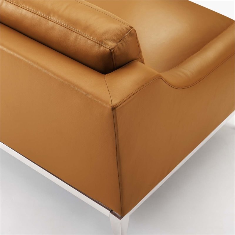 Maklaine Contemporary Stainless Steel and Leather Armchair in Tan