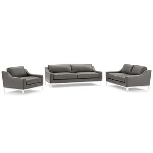 Maklaine Contemporary 3-Piece Stainless Steel & Leather Sofa Set in Gray