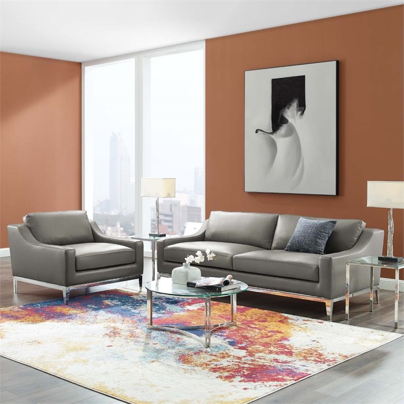 Maklaine Stainless Steel & Leather Sofa and Armchair Set in Gray