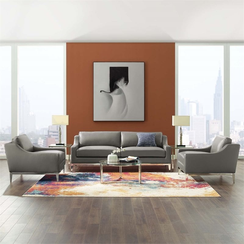 Maklaine 3-Piece Stainless Steel and Leather Sofa Set in Gray