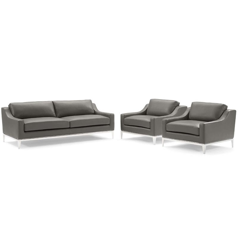 Maklaine 3-Piece Stainless Steel and Leather Sofa Set in Gray