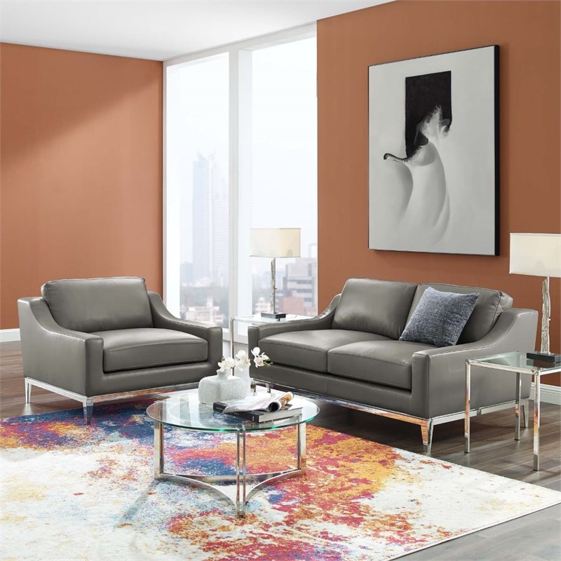 Maklaine Stainless Steel & Leather Loveseat and Armchair Set in Gray
