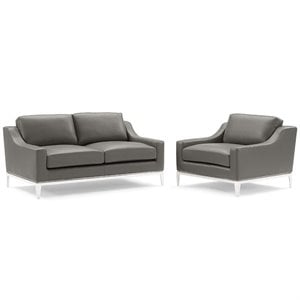 Maklaine Stainless Steel & Leather Loveseat and Armchair Set in Gray