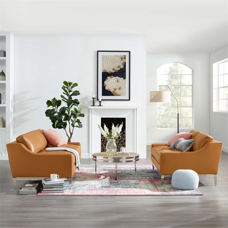 Maklaine Stainless Steel & Leather Sofa and Loveseat Set in Tan