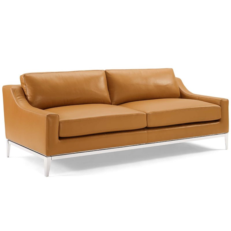 Maklaine Stainless Steel & Leather Sofa and Loveseat Set in Tan
