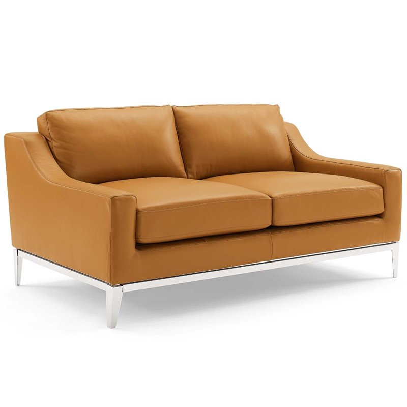 Maklaine Stainless Steel & Leather Sofa and Loveseat Set in Tan
