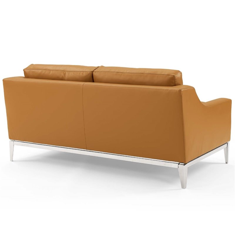 Maklaine Stainless Steel & Leather Sofa and Loveseat Set in Tan