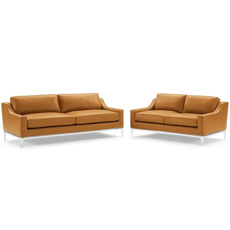 Maklaine Stainless Steel & Leather Sofa and Loveseat Set in Tan