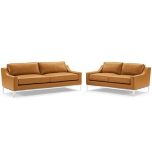 Maklaine Stainless Steel & Leather Sofa and Loveseat Set in Tan