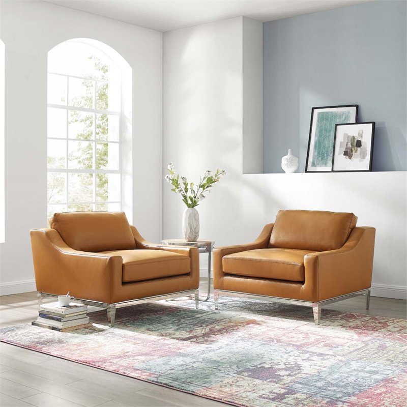 Maklaine Stainless Steel & Leather Arm Chair in Tan (Set of 2)
